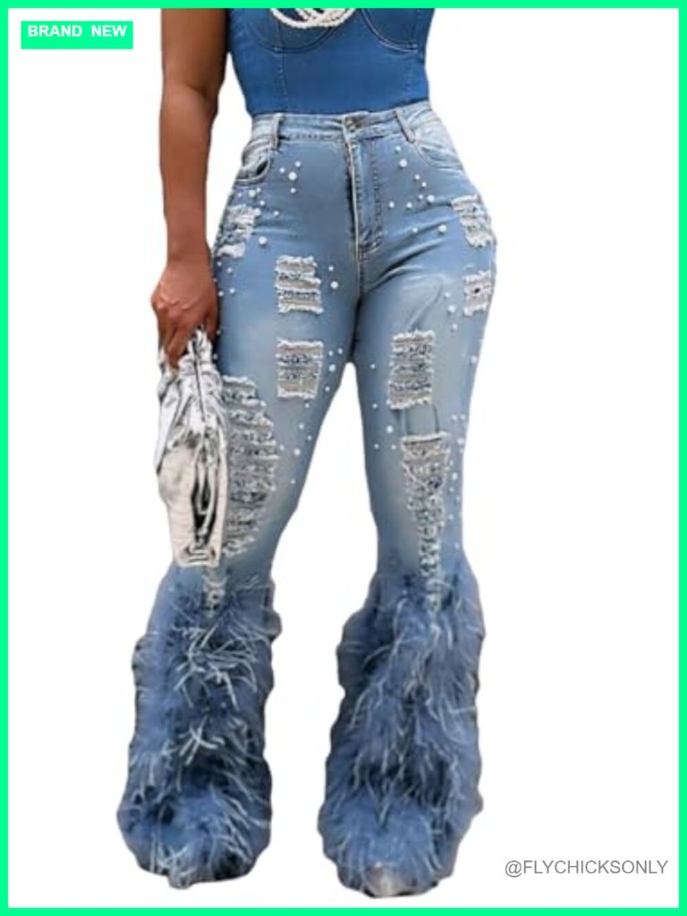High Waisted Ripped Flare Jeans Pearl Feather Bell Bottom Stretch Denim